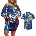 Geelong Cats Couples Matching Off Shoulder Short Dress and Hawaiian Shirt Mascot Cartoon Football Illustration Style