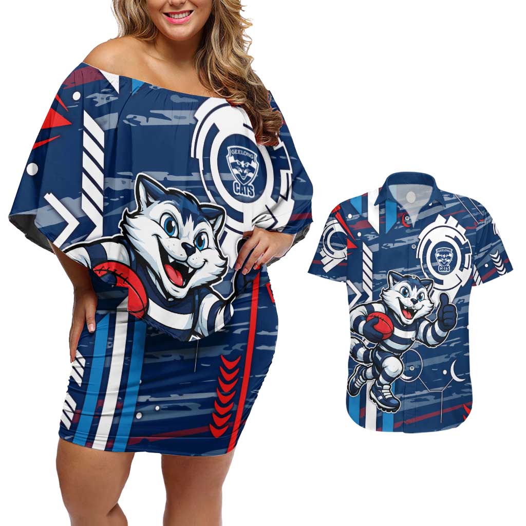Geelong Cats Couples Matching Off Shoulder Short Dress and Hawaiian Shirt Mascot Cartoon Football Illustration Style