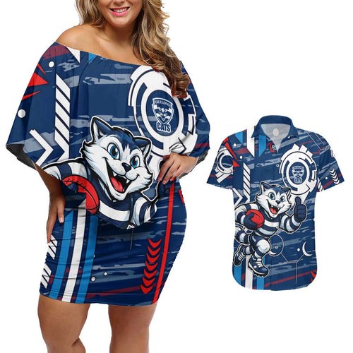 Geelong Cats Couples Matching Off Shoulder Short Dress and Hawaiian Shirt Mascot Cartoon Football Illustration Style