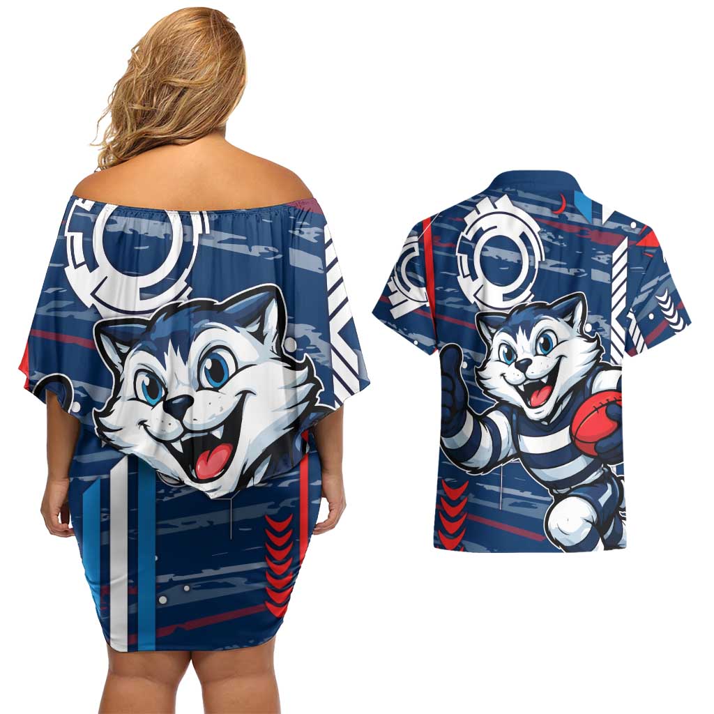 Geelong Cats Couples Matching Off Shoulder Short Dress and Hawaiian Shirt Mascot Cartoon Football Illustration Style