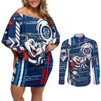 Geelong Cats Couples Matching Off Shoulder Short Dress and Long Sleeve Button Shirt Mascot Cartoon Football Illustration Style