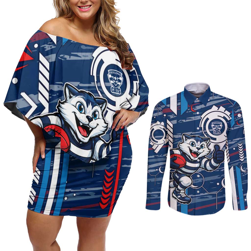 Geelong Cats Couples Matching Off Shoulder Short Dress and Long Sleeve Button Shirt Mascot Cartoon Football Illustration Style