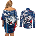 Geelong Cats Couples Matching Off Shoulder Short Dress and Long Sleeve Button Shirt Mascot Cartoon Football Illustration Style