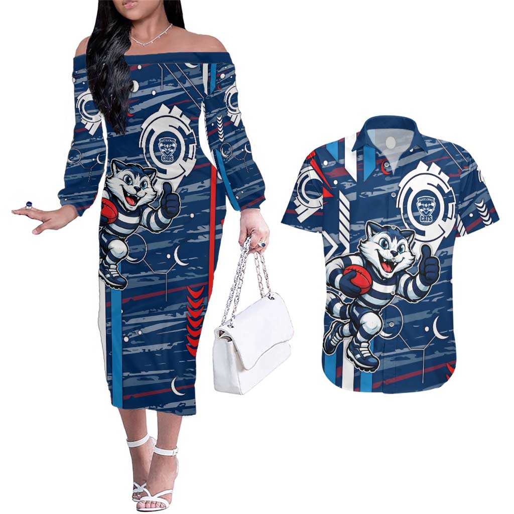 Geelong Cats Couples Matching Off The Shoulder Long Sleeve Dress and Hawaiian Shirt Mascot Cartoon Football Illustration Style
