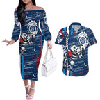 Geelong Cats Couples Matching Off The Shoulder Long Sleeve Dress and Hawaiian Shirt Mascot Cartoon Football Illustration Style