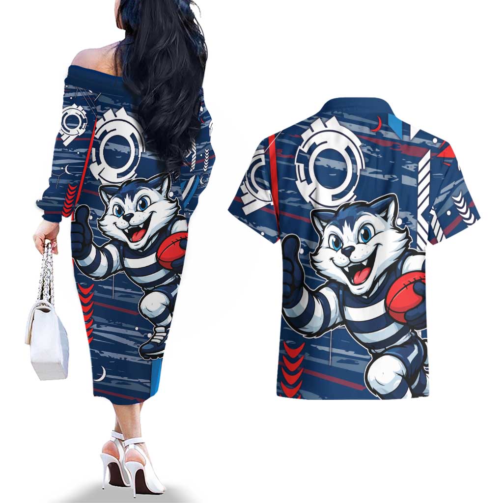 Geelong Cats Couples Matching Off The Shoulder Long Sleeve Dress and Hawaiian Shirt Mascot Cartoon Football Illustration Style