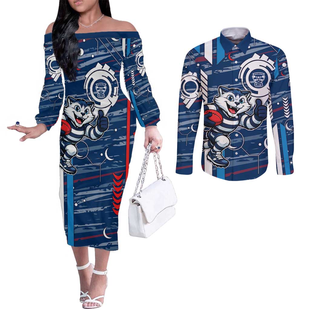 Geelong Cats Couples Matching Off The Shoulder Long Sleeve Dress and Long Sleeve Button Shirt Mascot Cartoon Football Illustration Style