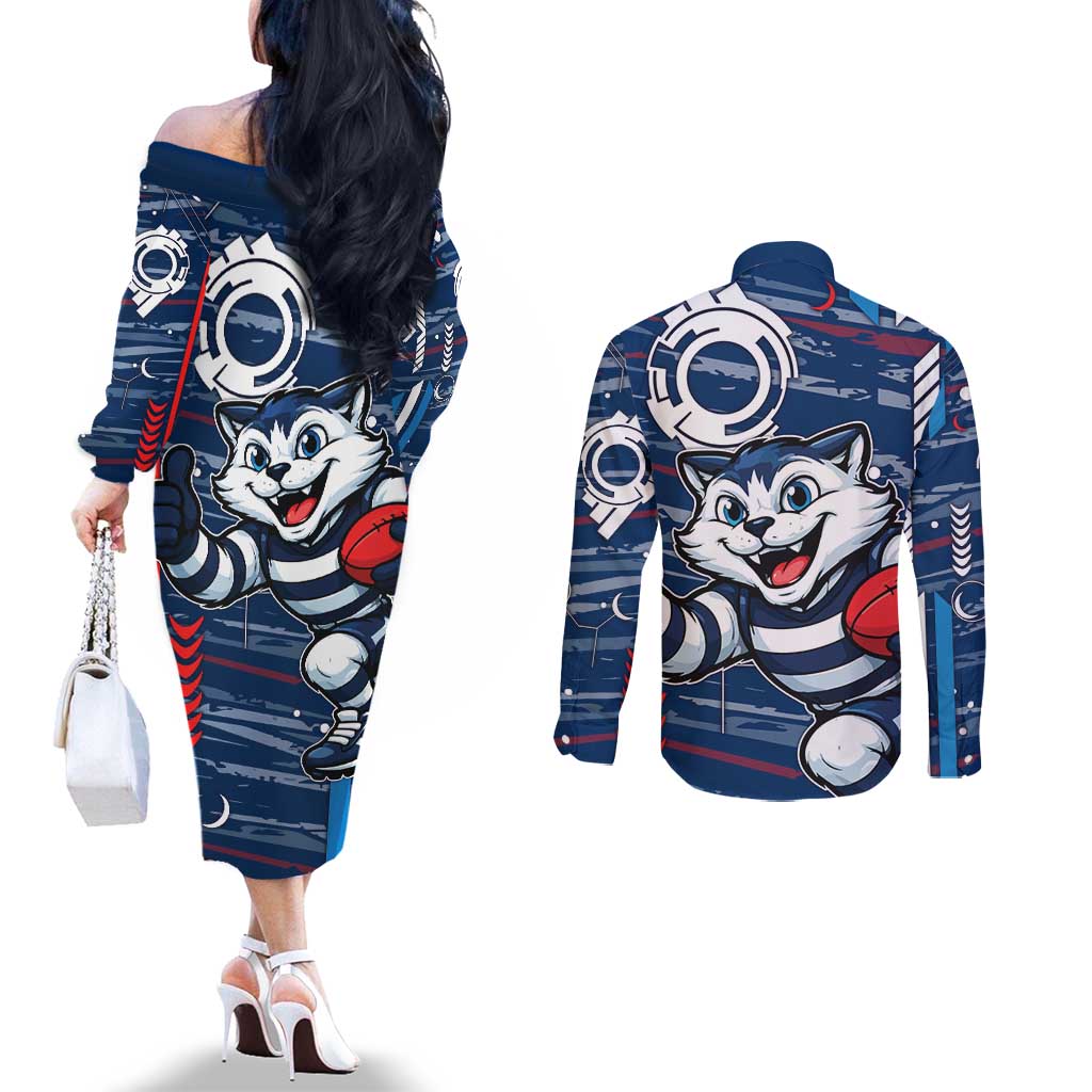 Geelong Cats Couples Matching Off The Shoulder Long Sleeve Dress and Long Sleeve Button Shirt Mascot Cartoon Football Illustration Style