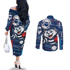 Geelong Cats Couples Matching Off The Shoulder Long Sleeve Dress and Long Sleeve Button Shirt Mascot Cartoon Football Illustration Style
