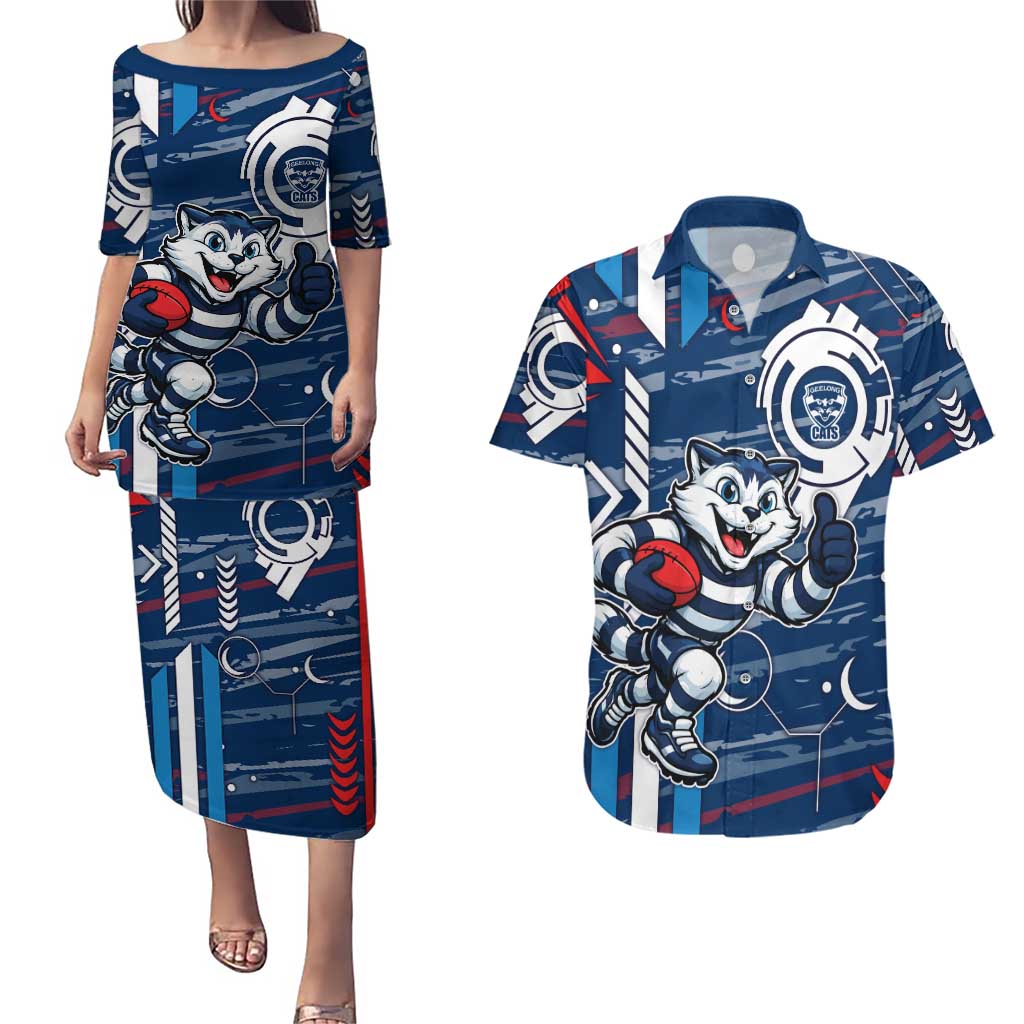 Geelong Cats Couples Matching Puletasi and Hawaiian Shirt Mascot Cartoon Football Illustration Style
