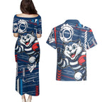 Geelong Cats Couples Matching Puletasi and Hawaiian Shirt Mascot Cartoon Football Illustration Style