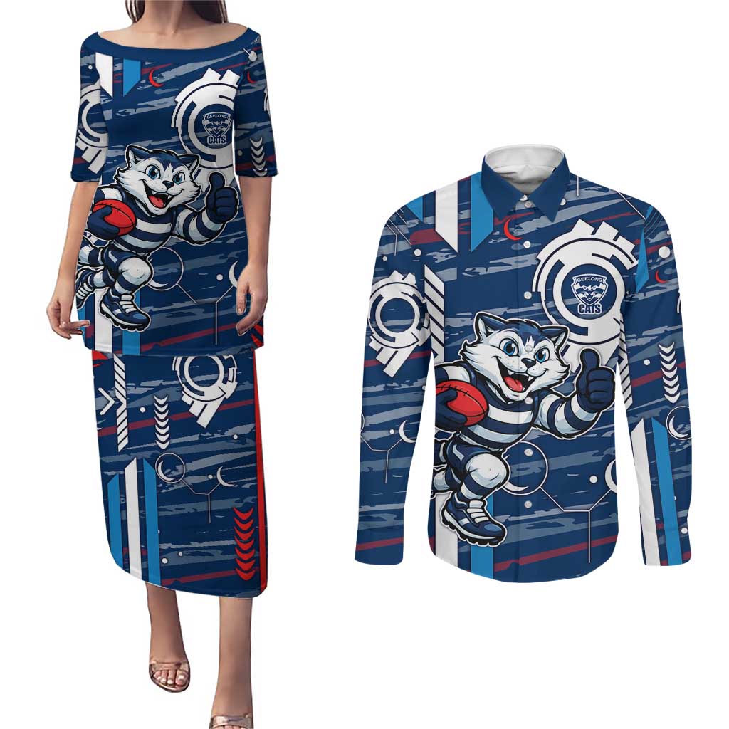 Geelong Cats Couples Matching Puletasi and Long Sleeve Button Shirt Mascot Cartoon Football Illustration Style