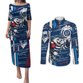 Geelong Cats Couples Matching Puletasi and Long Sleeve Button Shirt Mascot Cartoon Football Illustration Style
