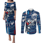 Geelong Cats Couples Matching Puletasi and Long Sleeve Button Shirt Mascot Cartoon Football Illustration Style
