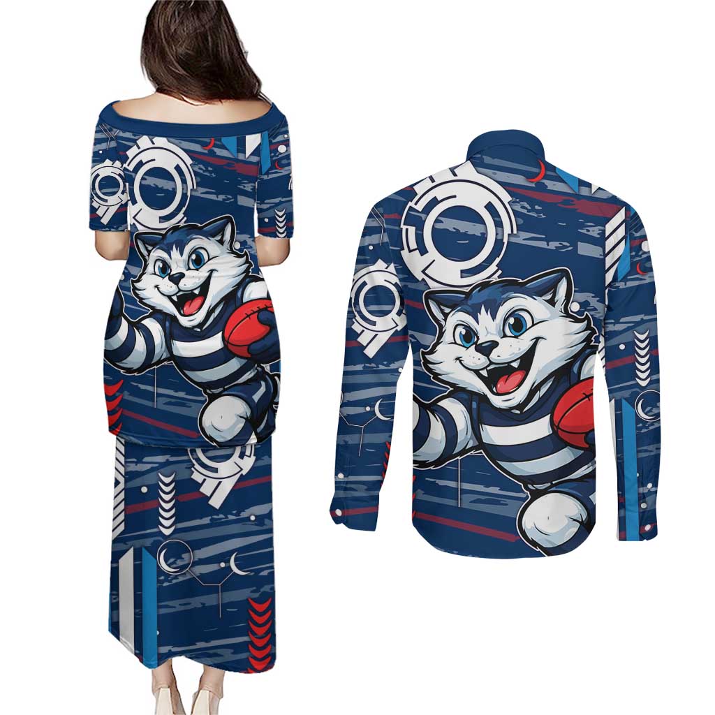 Geelong Cats Couples Matching Puletasi and Long Sleeve Button Shirt Mascot Cartoon Football Illustration Style