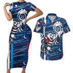 Geelong Cats Couples Matching Short Sleeve Bodycon Dress and Hawaiian Shirt Mascot Cartoon Football Illustration Style