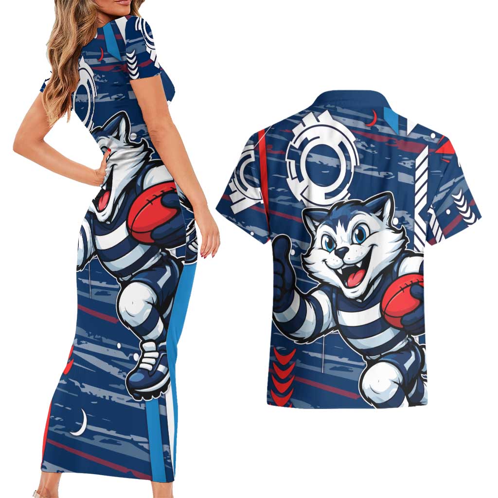 Geelong Cats Couples Matching Short Sleeve Bodycon Dress and Hawaiian Shirt Mascot Cartoon Football Illustration Style
