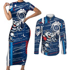 Geelong Cats Couples Matching Short Sleeve Bodycon Dress and Long Sleeve Button Shirt Mascot Cartoon Football Illustration Style