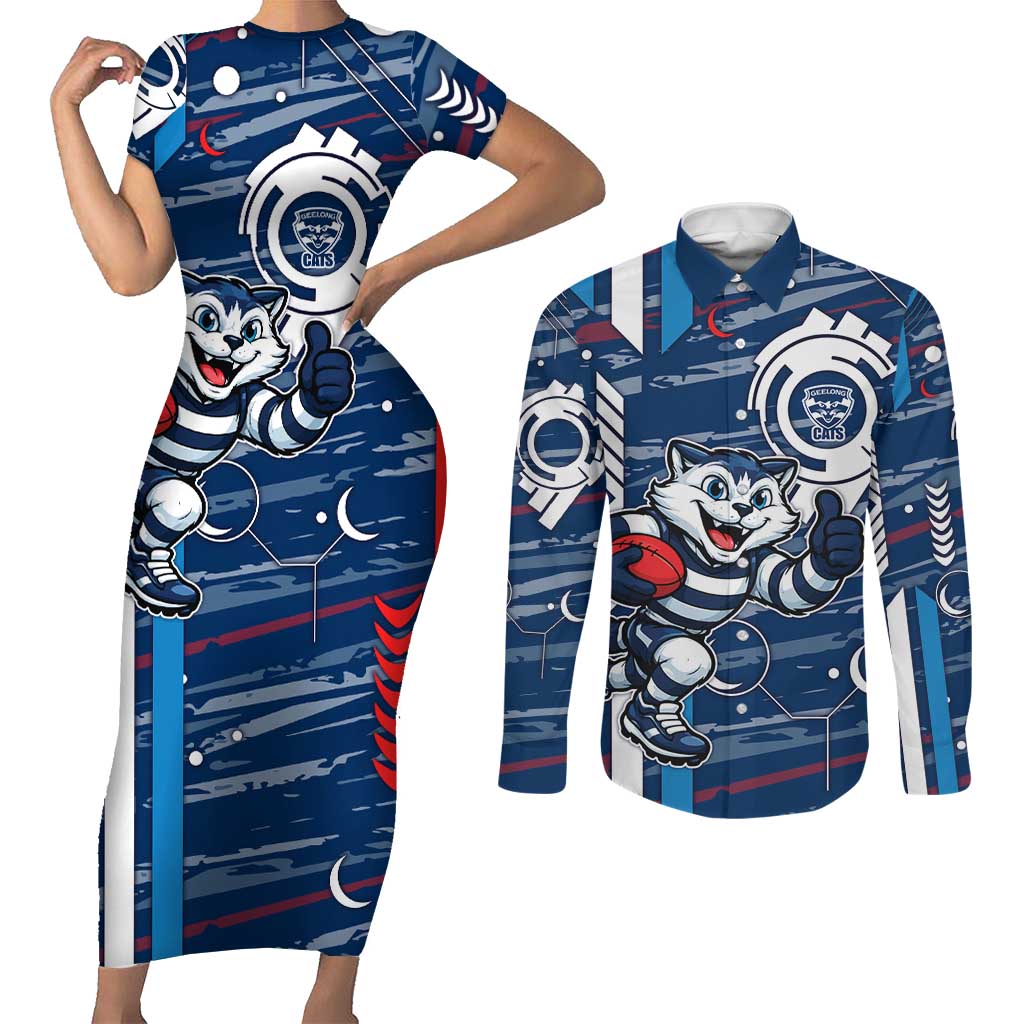 Geelong Cats Couples Matching Short Sleeve Bodycon Dress and Long Sleeve Button Shirt Mascot Cartoon Football Illustration Style