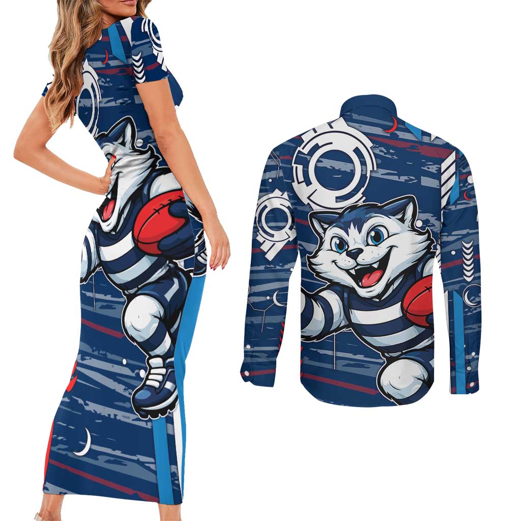 Geelong Cats Couples Matching Short Sleeve Bodycon Dress and Long Sleeve Button Shirt Mascot Cartoon Football Illustration Style