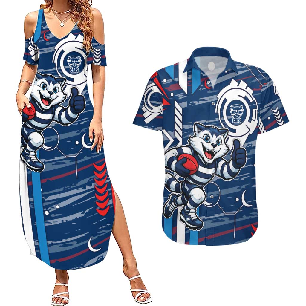 Geelong Cats Couples Matching Summer Maxi Dress and Hawaiian Shirt Mascot Cartoon Football Illustration Style