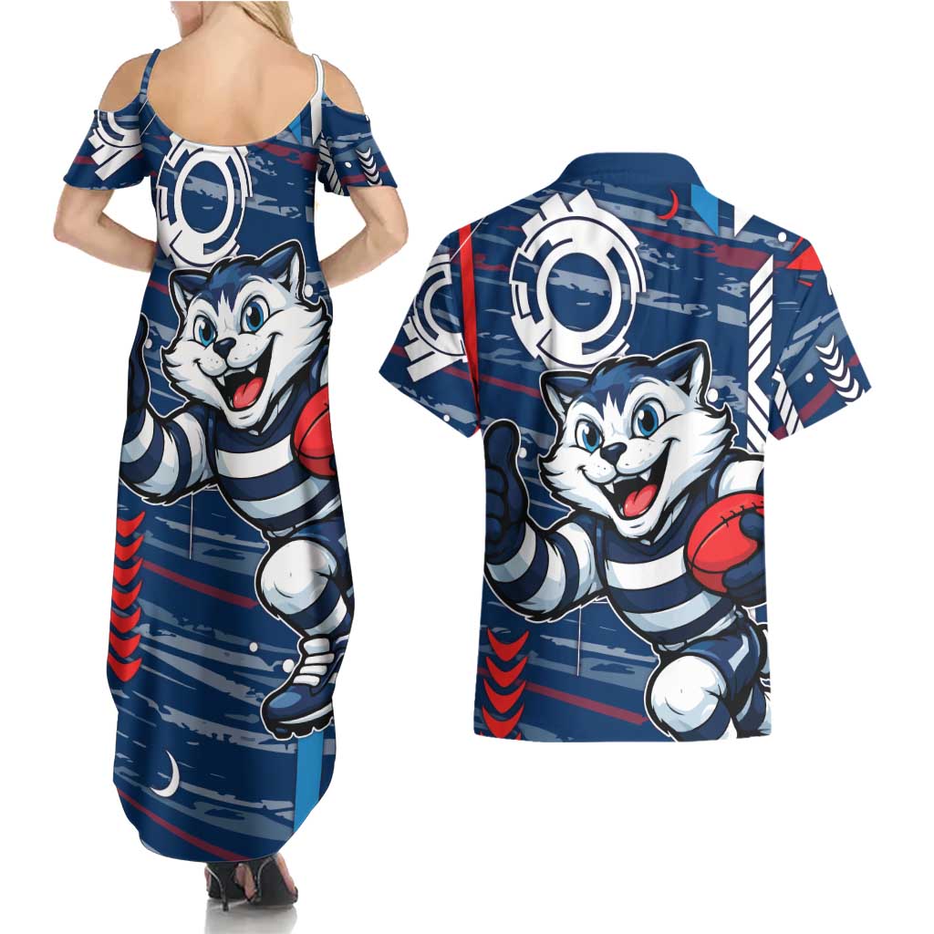 Geelong Cats Couples Matching Summer Maxi Dress and Hawaiian Shirt Mascot Cartoon Football Illustration Style
