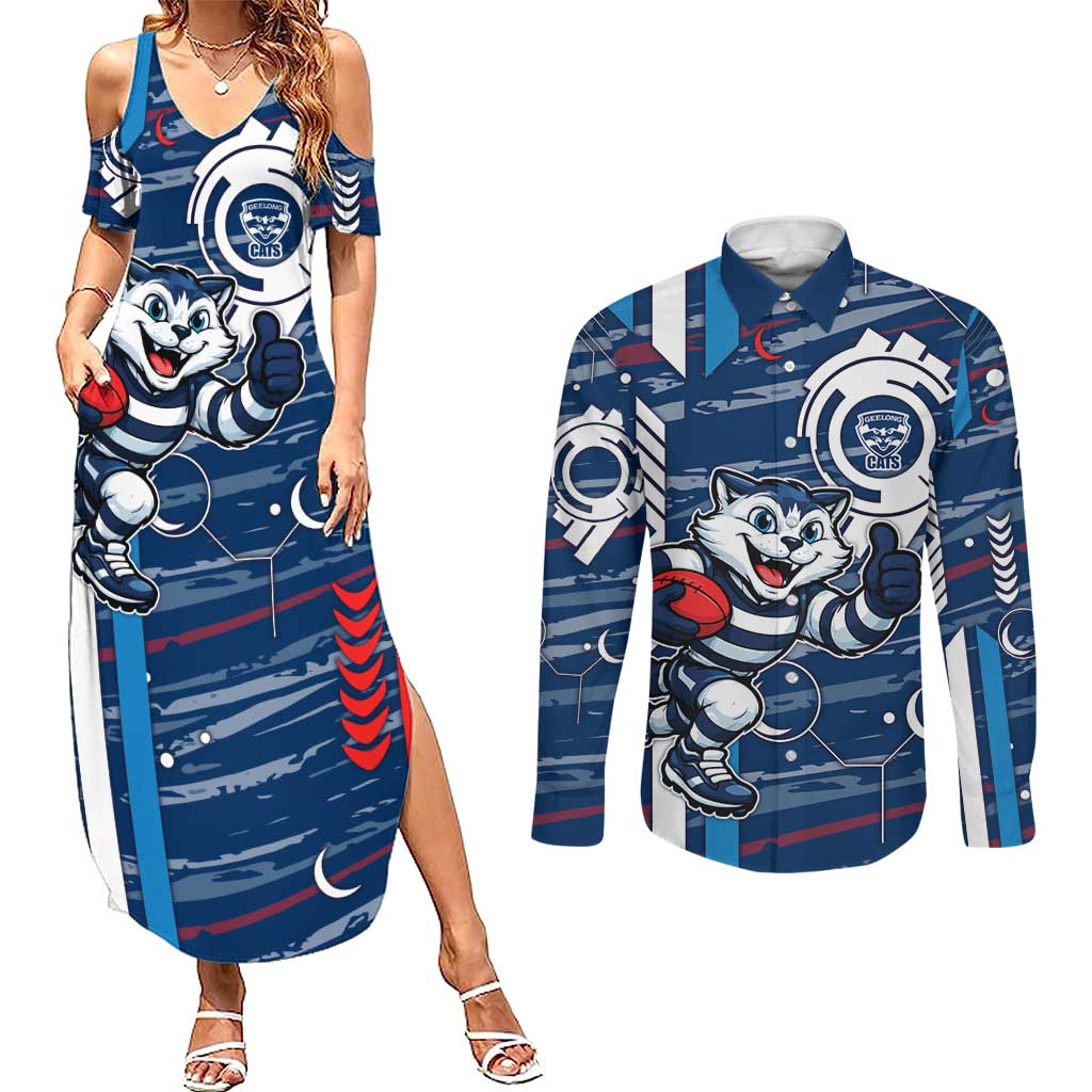 Geelong Cats Couples Matching Summer Maxi Dress and Long Sleeve Button Shirt Mascot Cartoon Football Illustration Style