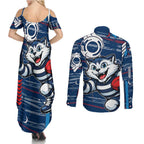 Geelong Cats Couples Matching Summer Maxi Dress and Long Sleeve Button Shirt Mascot Cartoon Football Illustration Style