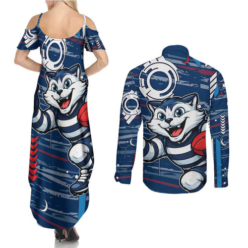Geelong Cats Couples Matching Summer Maxi Dress and Long Sleeve Button Shirt Mascot Cartoon Football Illustration Style