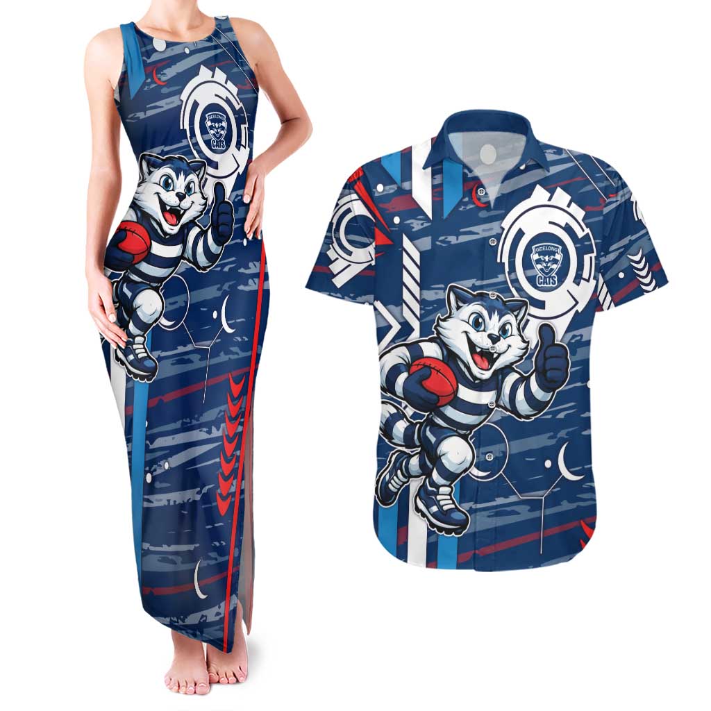 Geelong Cats Couples Matching Tank Maxi Dress and Hawaiian Shirt Mascot Cartoon Football Illustration Style