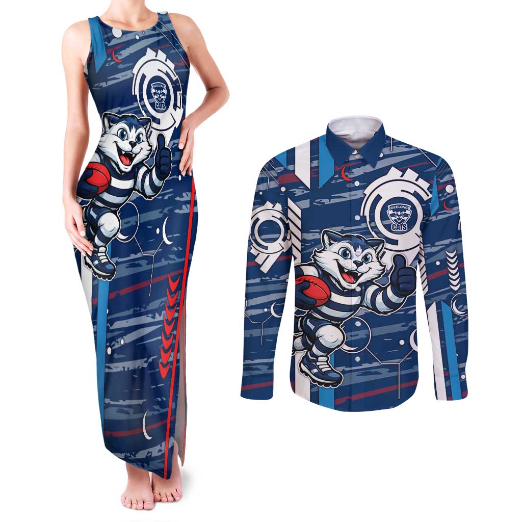 Geelong Cats Couples Matching Tank Maxi Dress and Long Sleeve Button Shirt Mascot Cartoon Football Illustration Style