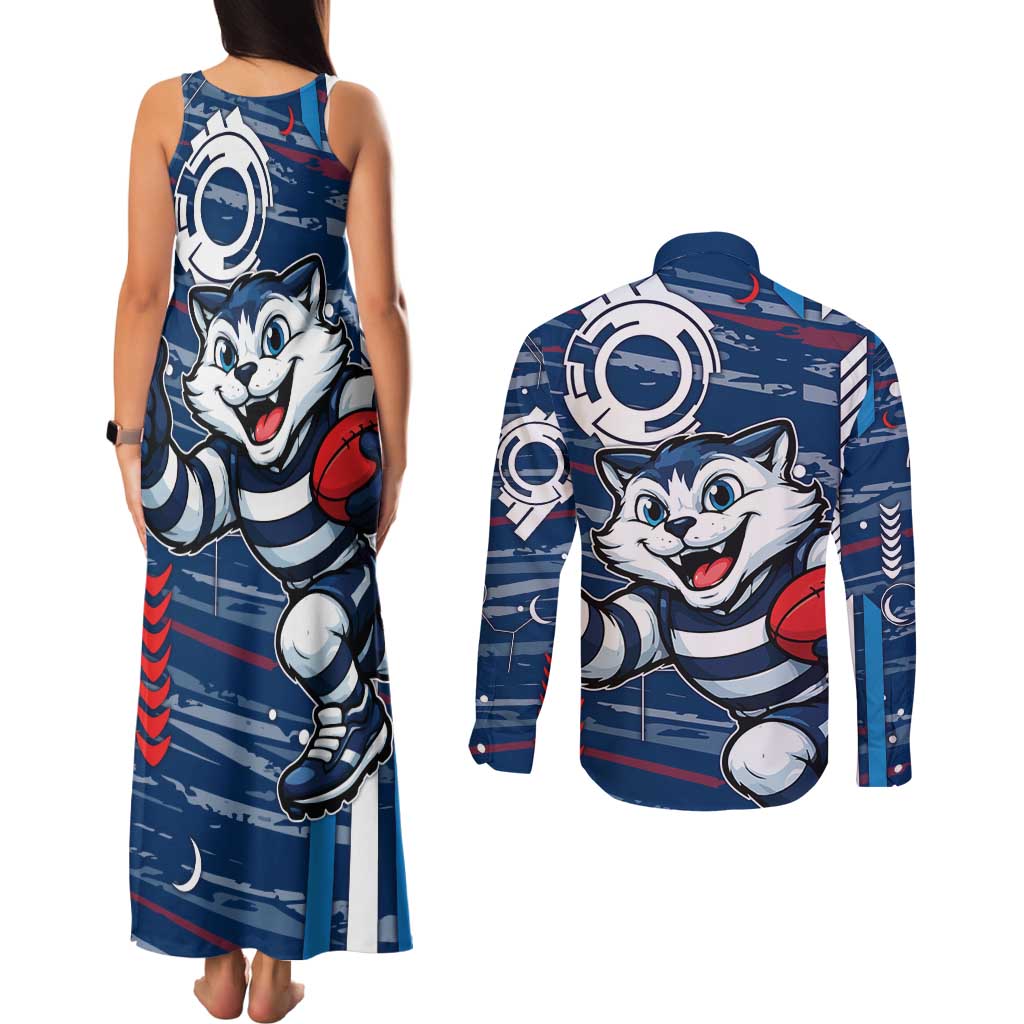 Geelong Cats Couples Matching Tank Maxi Dress and Long Sleeve Button Shirt Mascot Cartoon Football Illustration Style