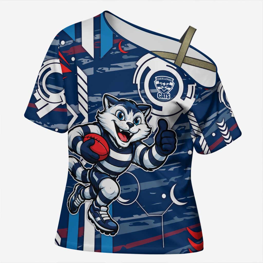 Geelong Cats Cross Shoulder Shirt Mascot Cartoon Football Illustration Style
