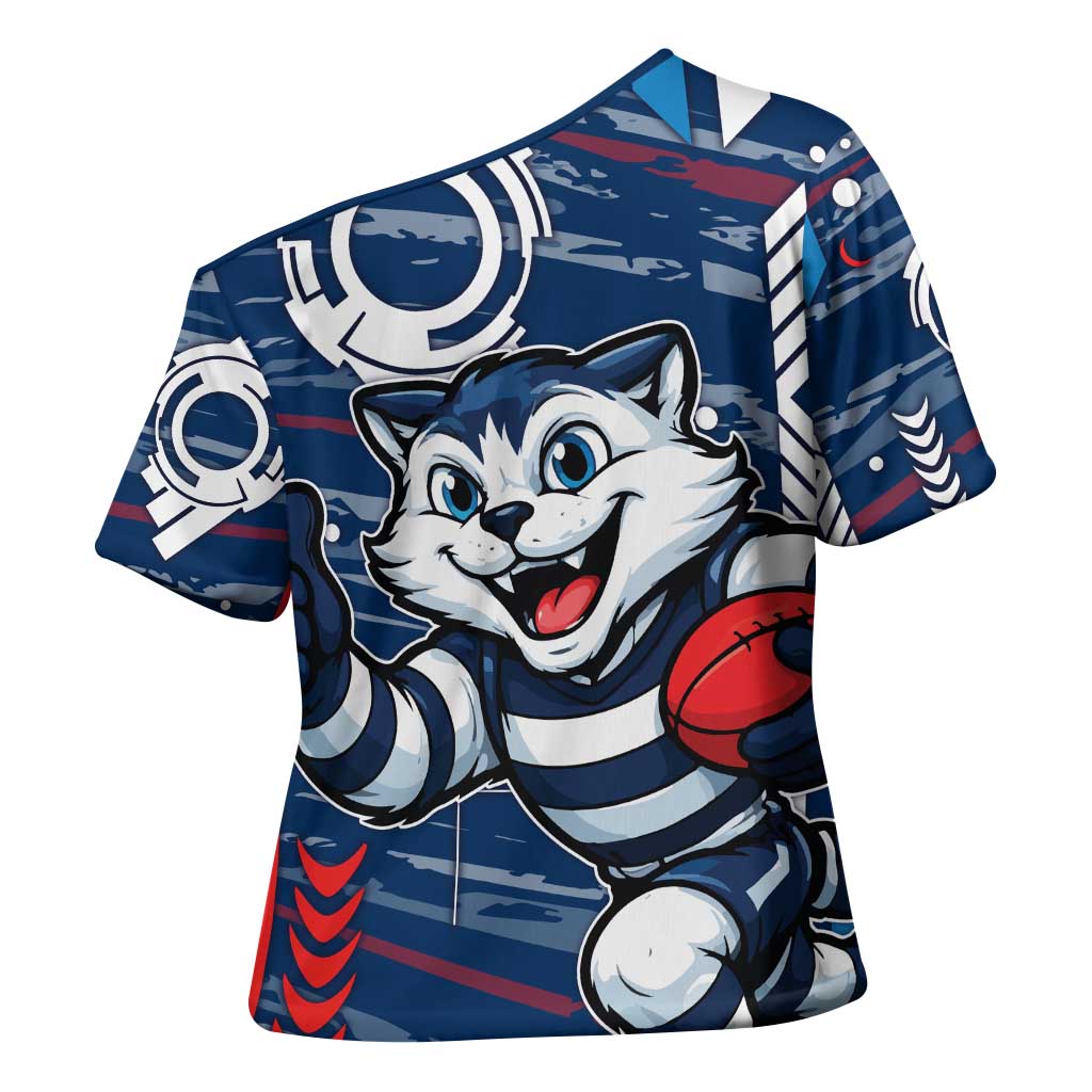 Geelong Cats Cross Shoulder Shirt Mascot Cartoon Football Illustration Style