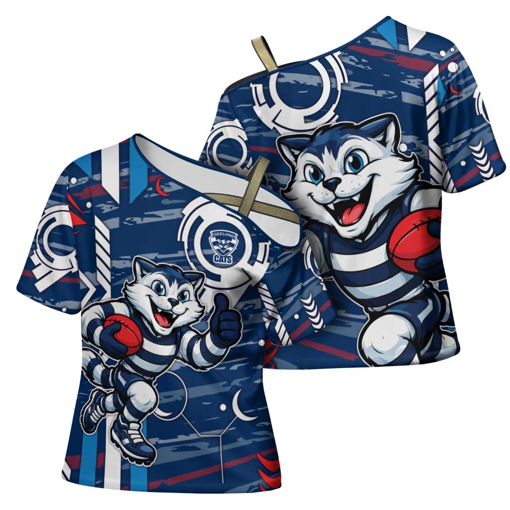 Geelong Cats Cross Shoulder Shirt Mascot Cartoon Football Illustration Style