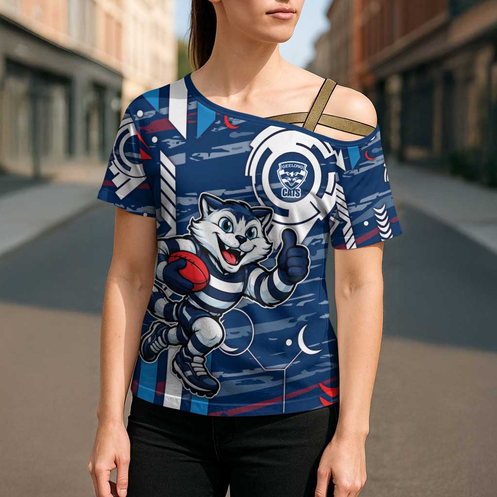 Geelong Cats Cross Shoulder Shirt Mascot Cartoon Football Illustration Style