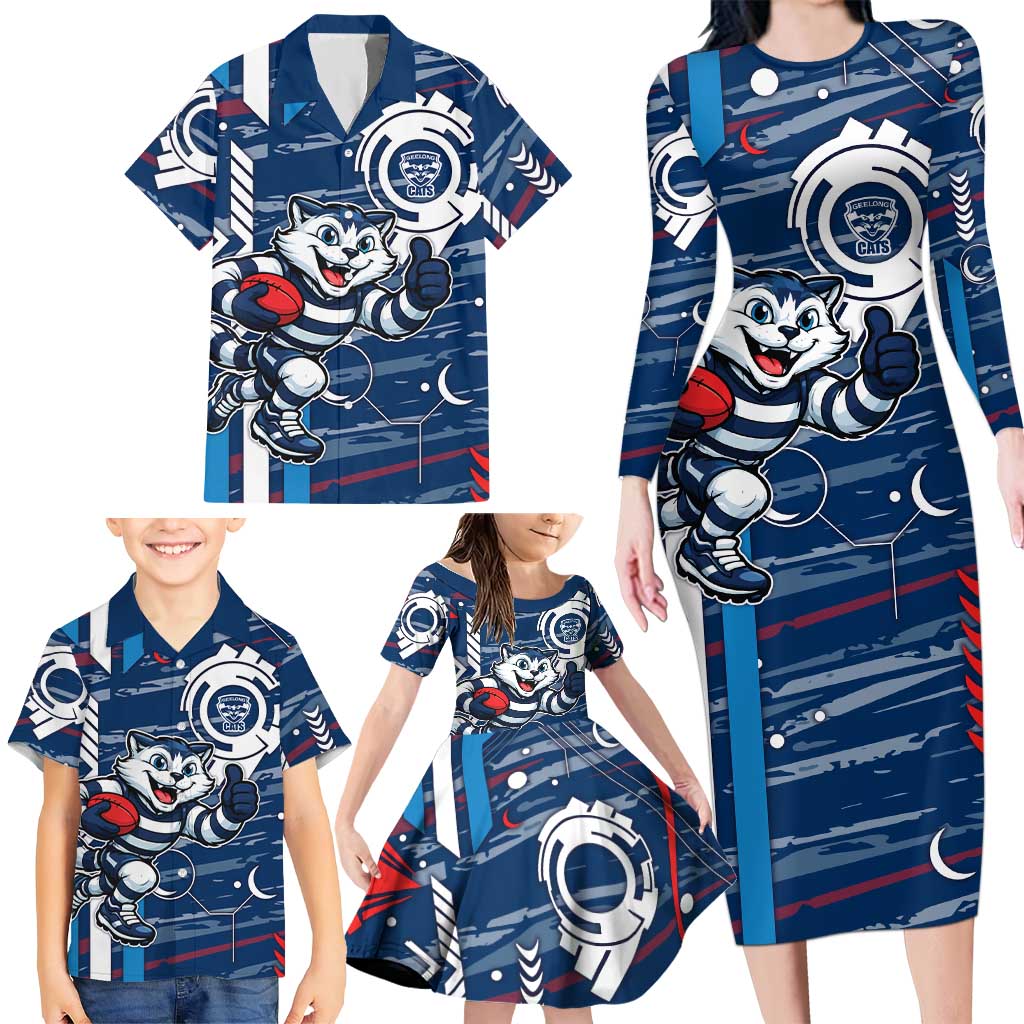 Geelong Cats Family Matching Long Sleeve Bodycon Dress and Hawaiian Shirt Mascot Cartoon Football Illustration Style