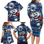 Geelong Cats Family Matching Long Sleeve Bodycon Dress and Hawaiian Shirt Mascot Cartoon Football Illustration Style