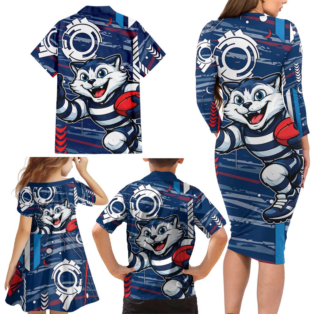 Geelong Cats Family Matching Long Sleeve Bodycon Dress and Hawaiian Shirt Mascot Cartoon Football Illustration Style