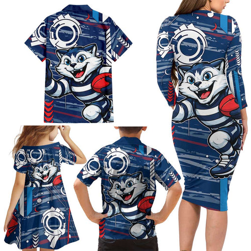 Geelong Cats Family Matching Long Sleeve Bodycon Dress and Hawaiian Shirt Mascot Cartoon Football Illustration Style