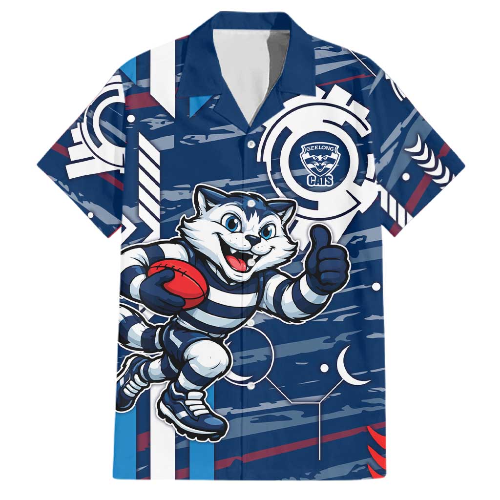 Geelong Cats Family Matching Long Sleeve Bodycon Dress and Hawaiian Shirt Mascot Cartoon Football Illustration Style