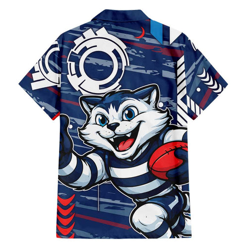 Geelong Cats Family Matching Long Sleeve Bodycon Dress and Hawaiian Shirt Mascot Cartoon Football Illustration Style