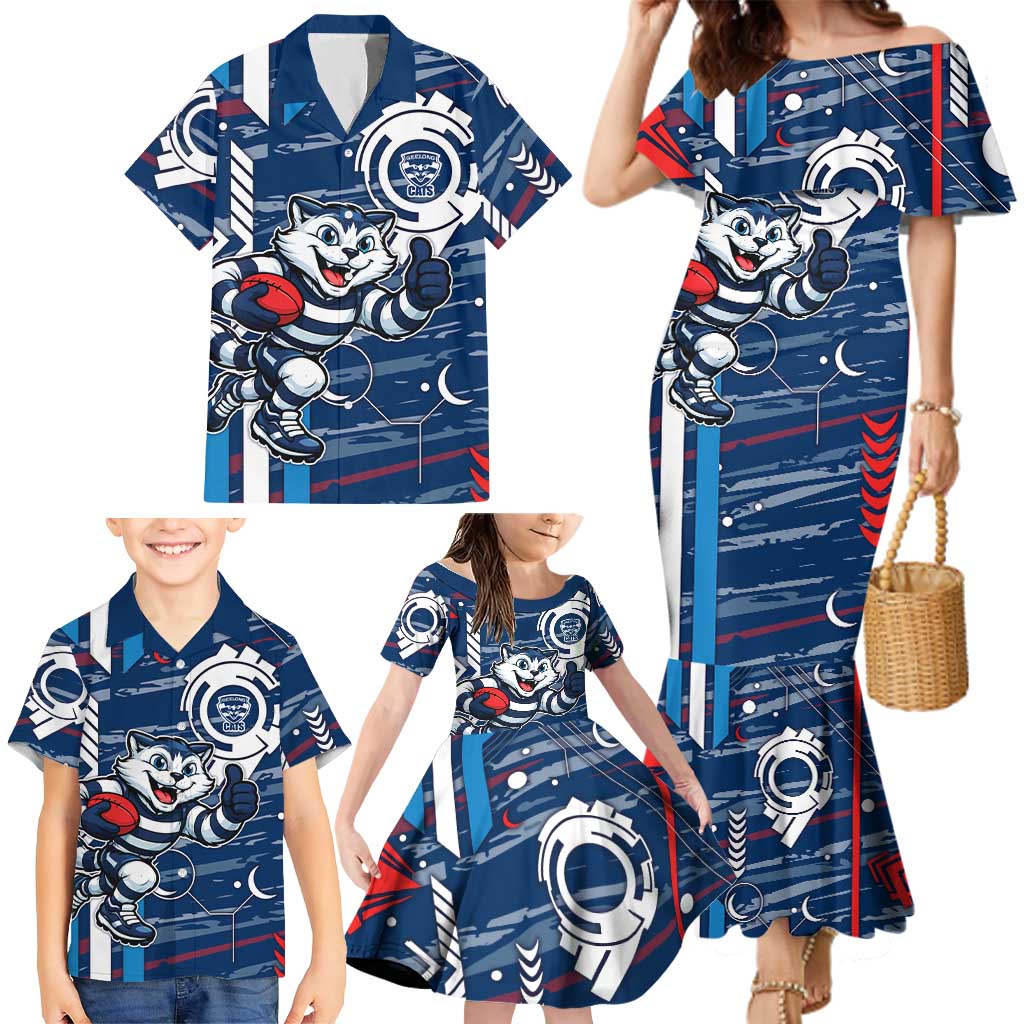 Geelong Cats Family Matching Mermaid Dress and Hawaiian Shirt Mascot Cartoon Football Illustration Style