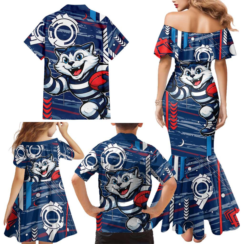 Geelong Cats Family Matching Mermaid Dress and Hawaiian Shirt Mascot Cartoon Football Illustration Style