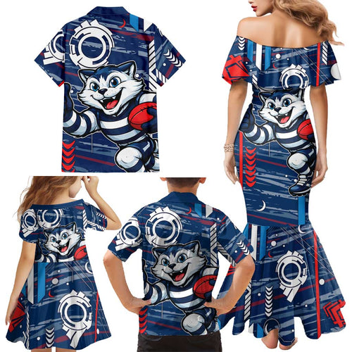 Geelong Cats Family Matching Mermaid Dress and Hawaiian Shirt Mascot Cartoon Football Illustration Style
