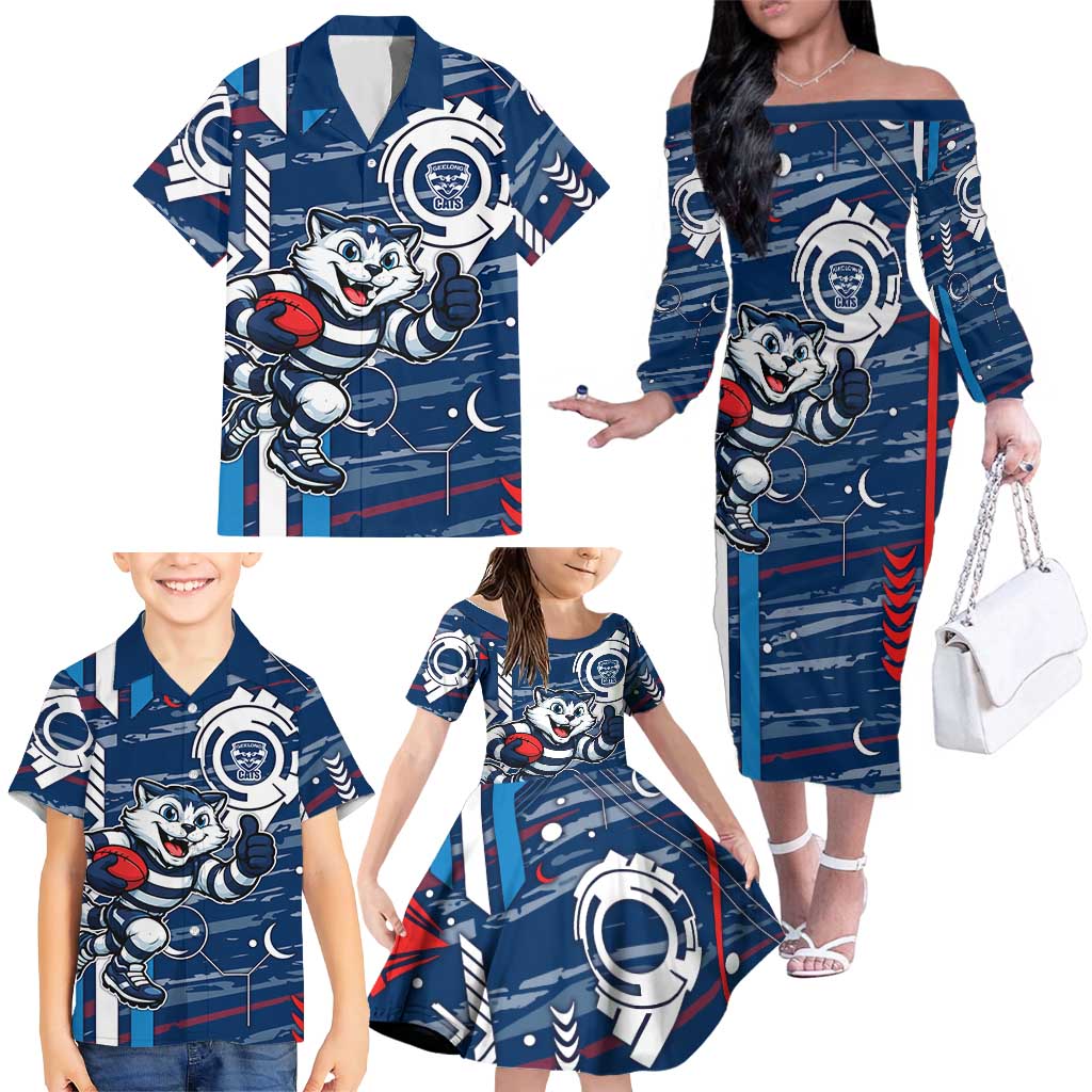 Geelong Cats Family Matching Off The Shoulder Long Sleeve Dress and Hawaiian Shirt Mascot Cartoon Football Illustration Style