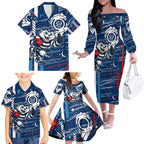 Geelong Cats Family Matching Off The Shoulder Long Sleeve Dress and Hawaiian Shirt Mascot Cartoon Football Illustration Style