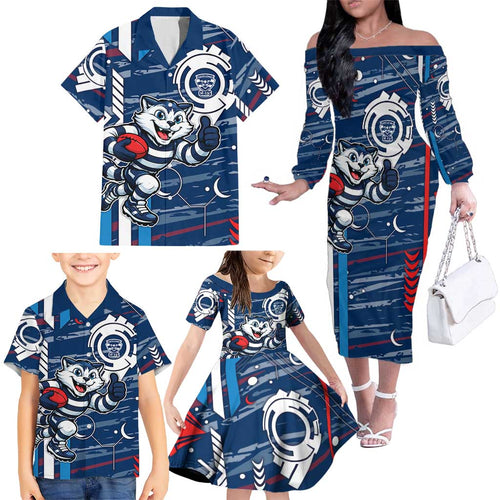 Geelong Cats Family Matching Off The Shoulder Long Sleeve Dress and Hawaiian Shirt Mascot Cartoon Football Illustration Style