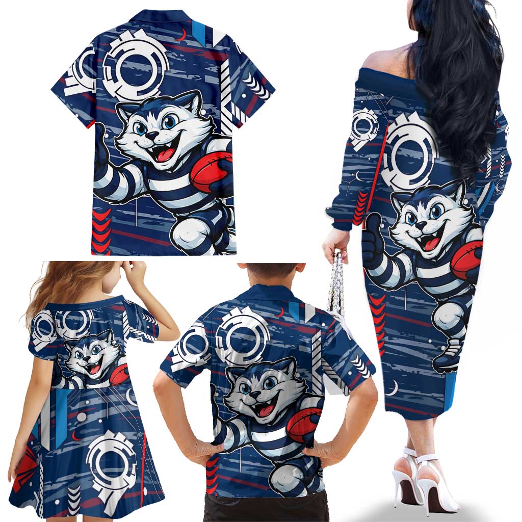 Geelong Cats Family Matching Off The Shoulder Long Sleeve Dress and Hawaiian Shirt Mascot Cartoon Football Illustration Style