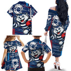 Geelong Cats Family Matching Off The Shoulder Long Sleeve Dress and Hawaiian Shirt Mascot Cartoon Football Illustration Style